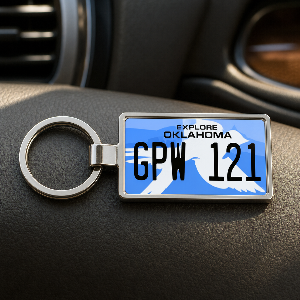 Oklahoma GPW 121 license plate keychain on_dashboard