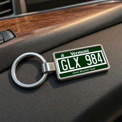Vermont license plate keychain on dashboard