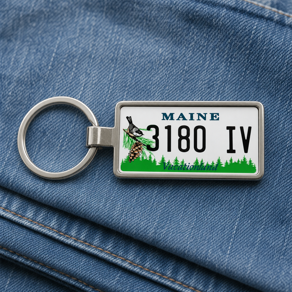 Maine 3180 IV license plate keychain on_denim