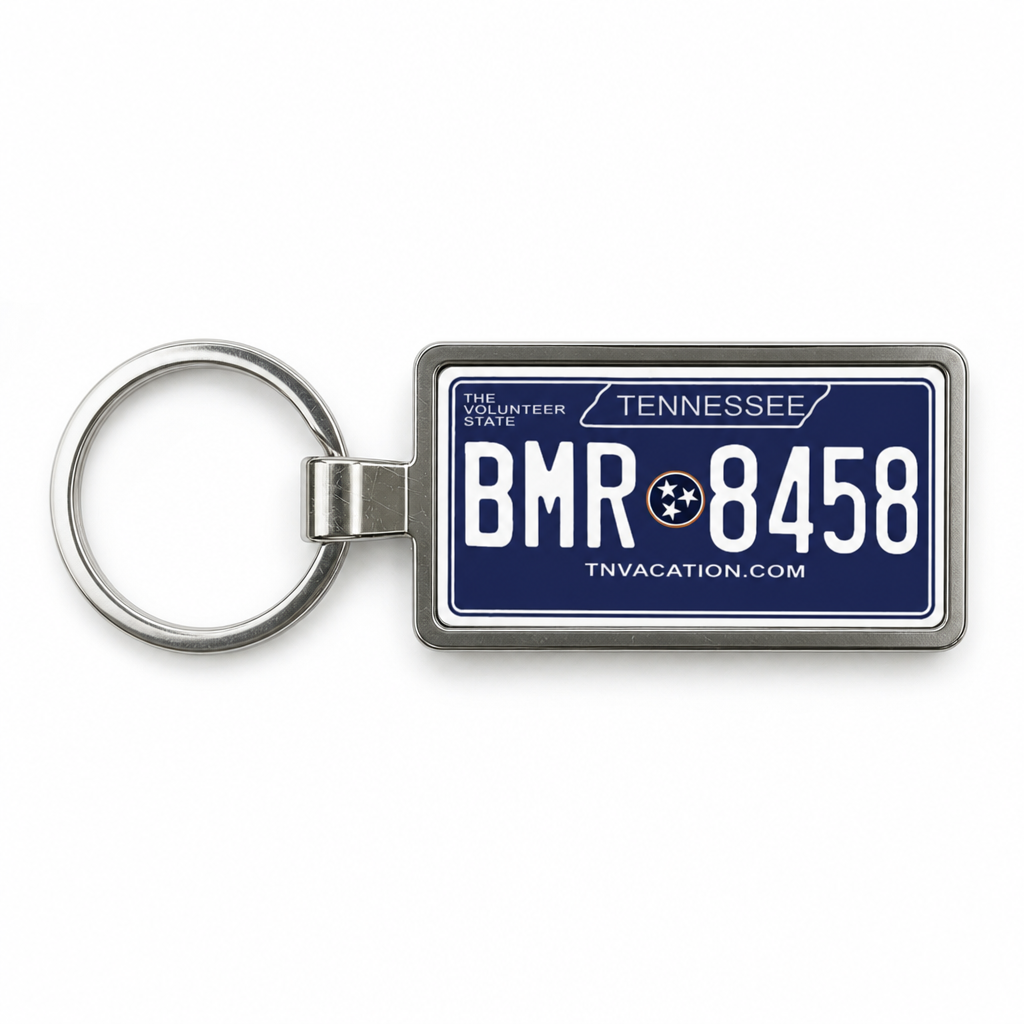 Tennessee BMR 8458 license plate keychain on white background