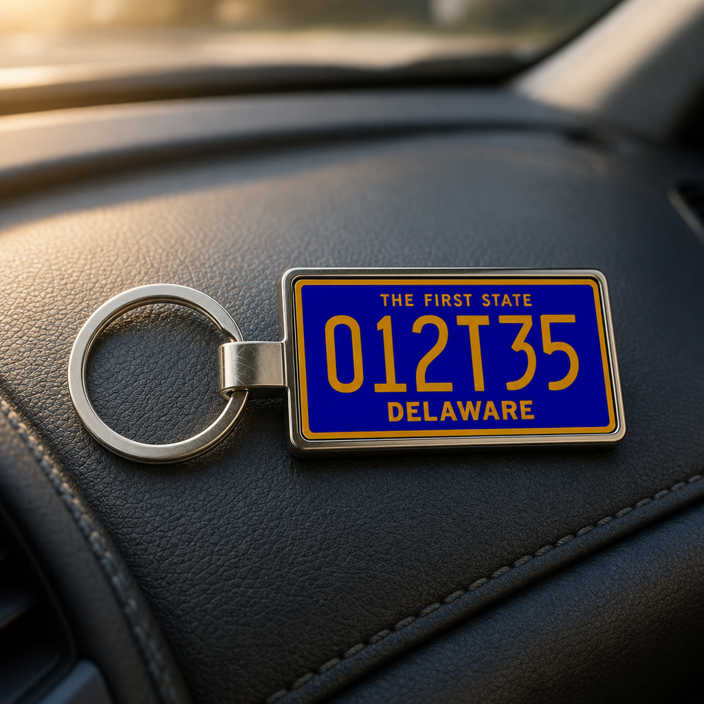 Delaware 012135 license plate keychain on_dashboard