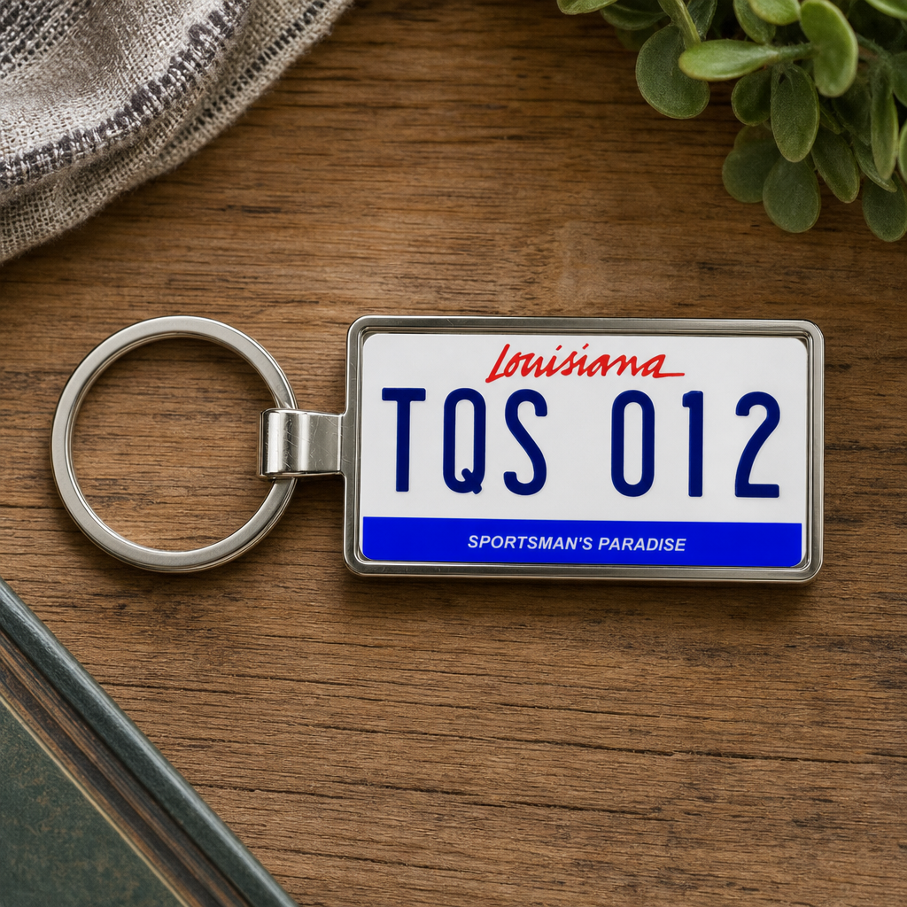 Louisiana TQS 012 license plate keychain on_wood
