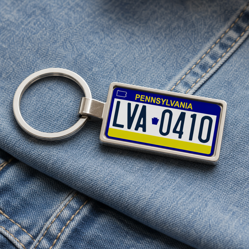 Pennsylvania LVA 0410 license plate keychain on_denim