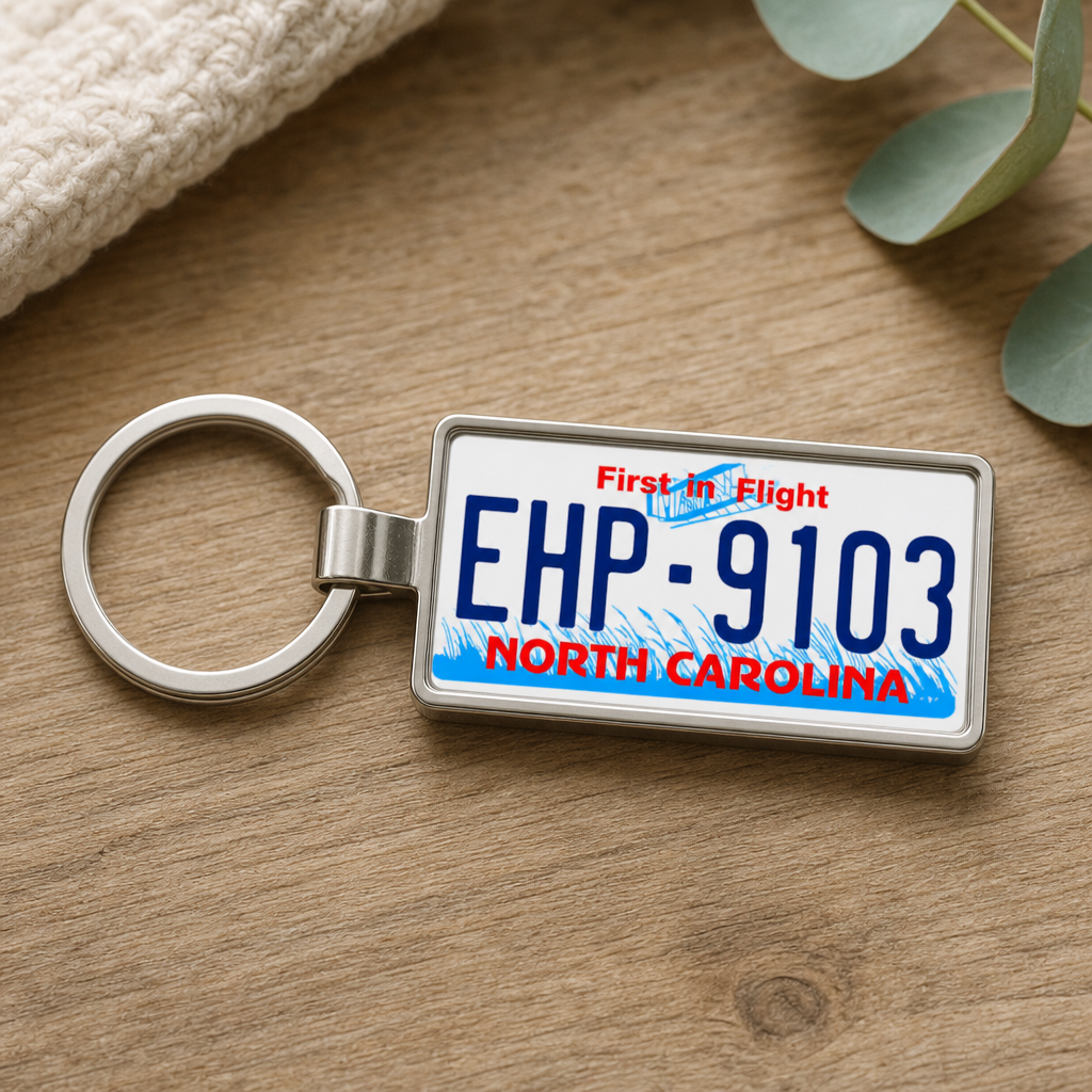 North Carolina EHP 9103 license plate keychain on_wood