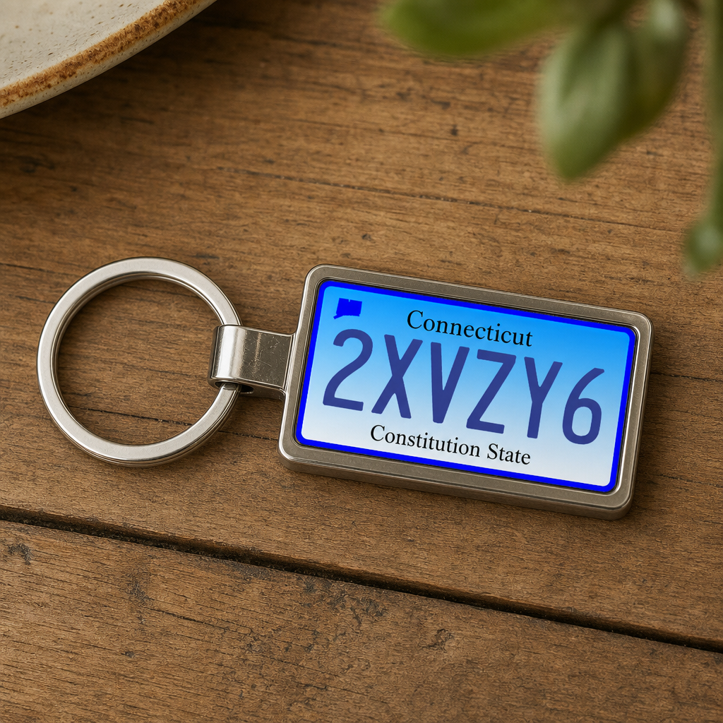 Connecticut 2XVZY6 license plate keychain on_wood