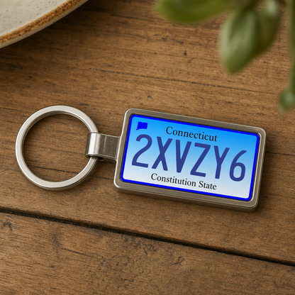 Connecticut 2XVZY6 license plate keychain on_wood