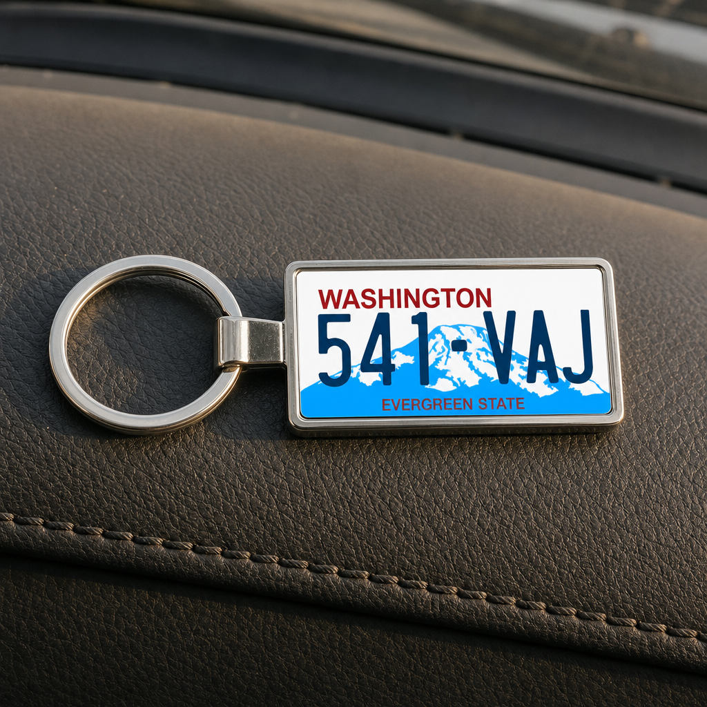Washington license plate keychain on car dashboard