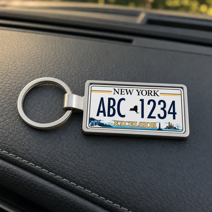 New York ABC 1234 license plate keychain on_dashboard