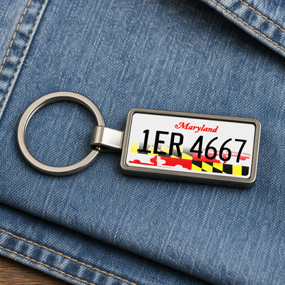 Maryland 1ER 4667 license plate keychain on_denim
