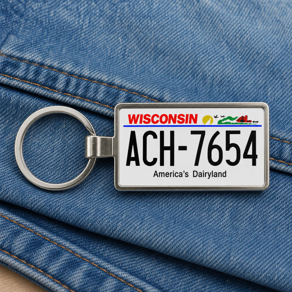 Wisconsin license plate keychain on denim
