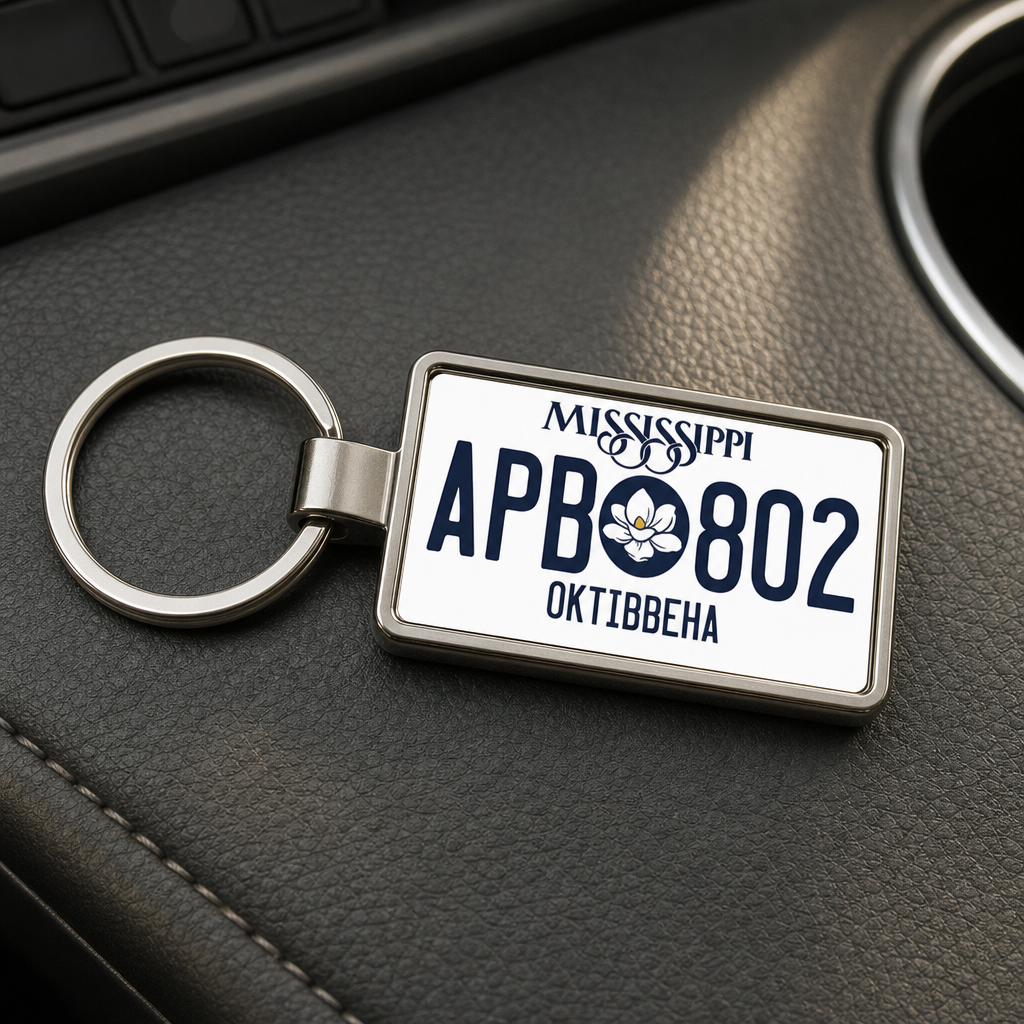 Mississippi APB 802 license plate keychain on_dashboard