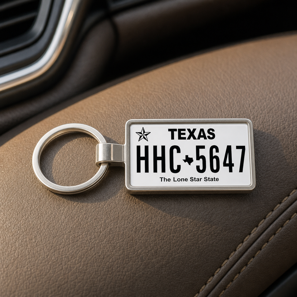 Texas license plate keychain on dashboard