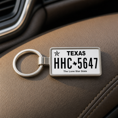 Texas license plate keychain on dashboard