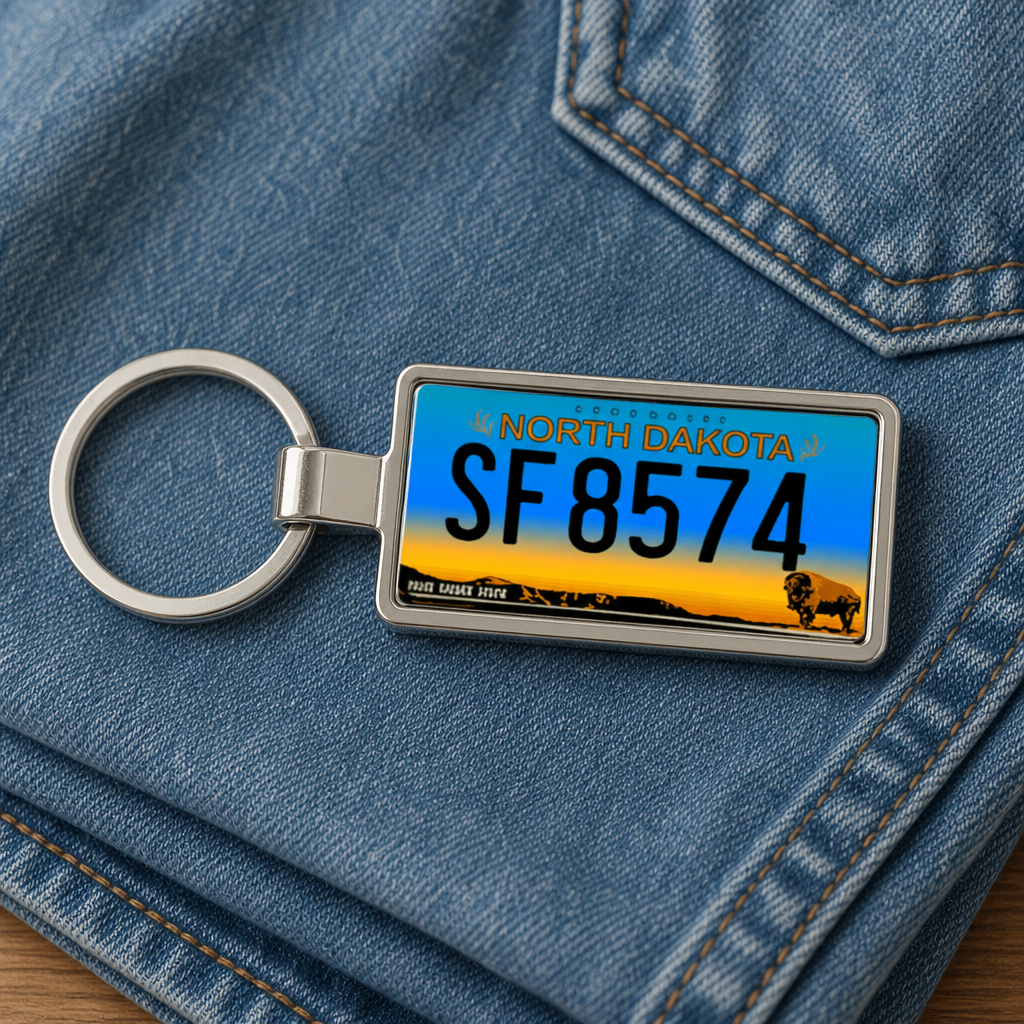 North Dakota SF 8574 license plate keychain on_denim