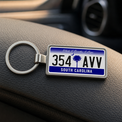 South Carolina 354 AVV license plate keychain on_dashboard