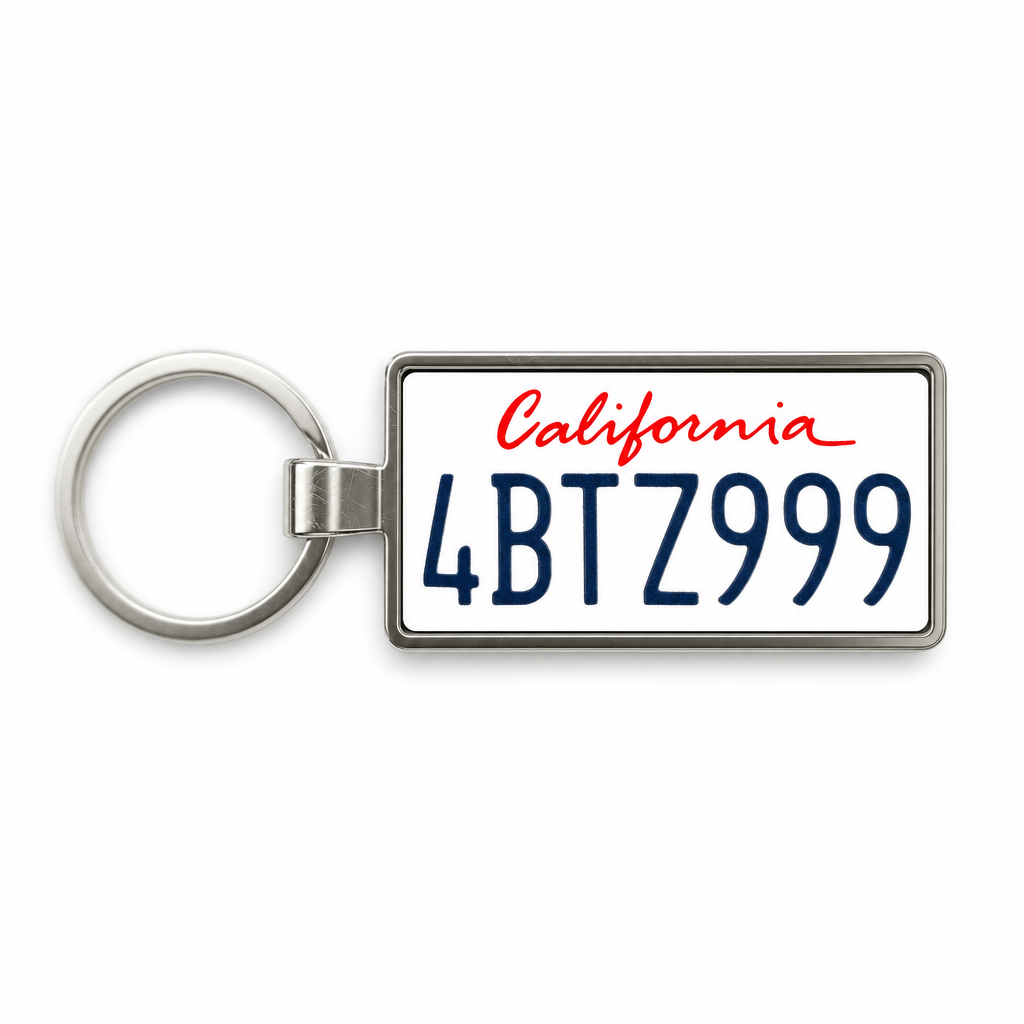 Personalized California License Plate Keychain 4BTZ999 on white background