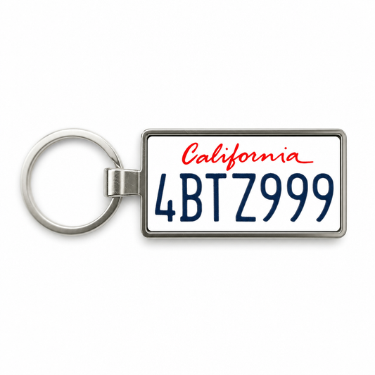 Personalized California License Plate Keychain 4BTZ999 on white background