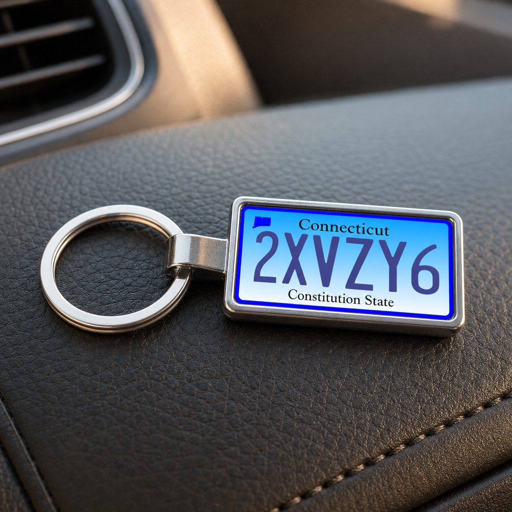 Connecticut 2XVZY6 license plate keychain on_dashboard