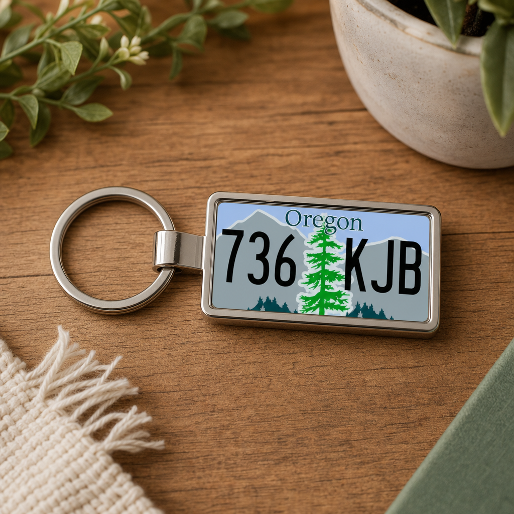 Oregon 736 KJB license plate keychain on_wood