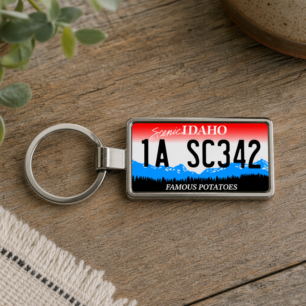 Idaho 1A SC342 license plate keychain on_wood