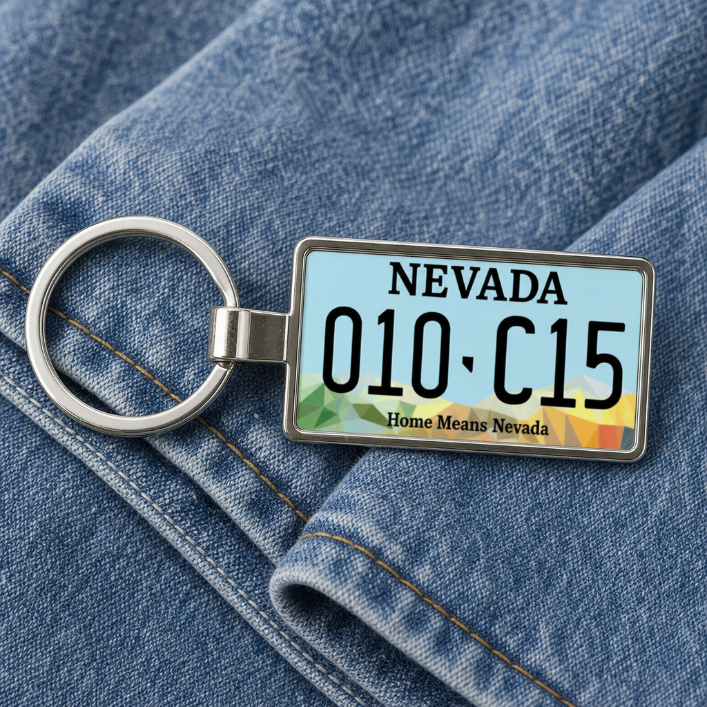 Nevada 010 C15 license plate keychain on_denim
