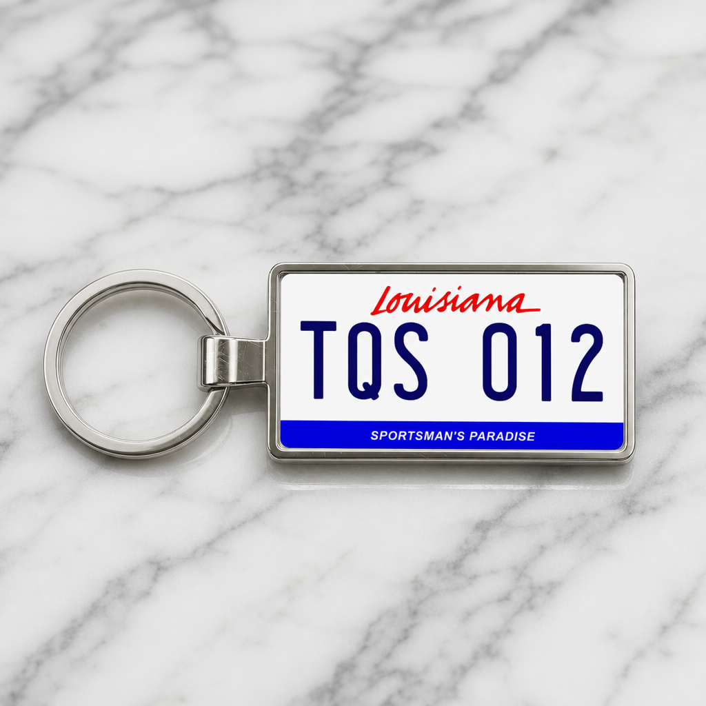 Louisiana TQS 012 license plate keychain on_marble