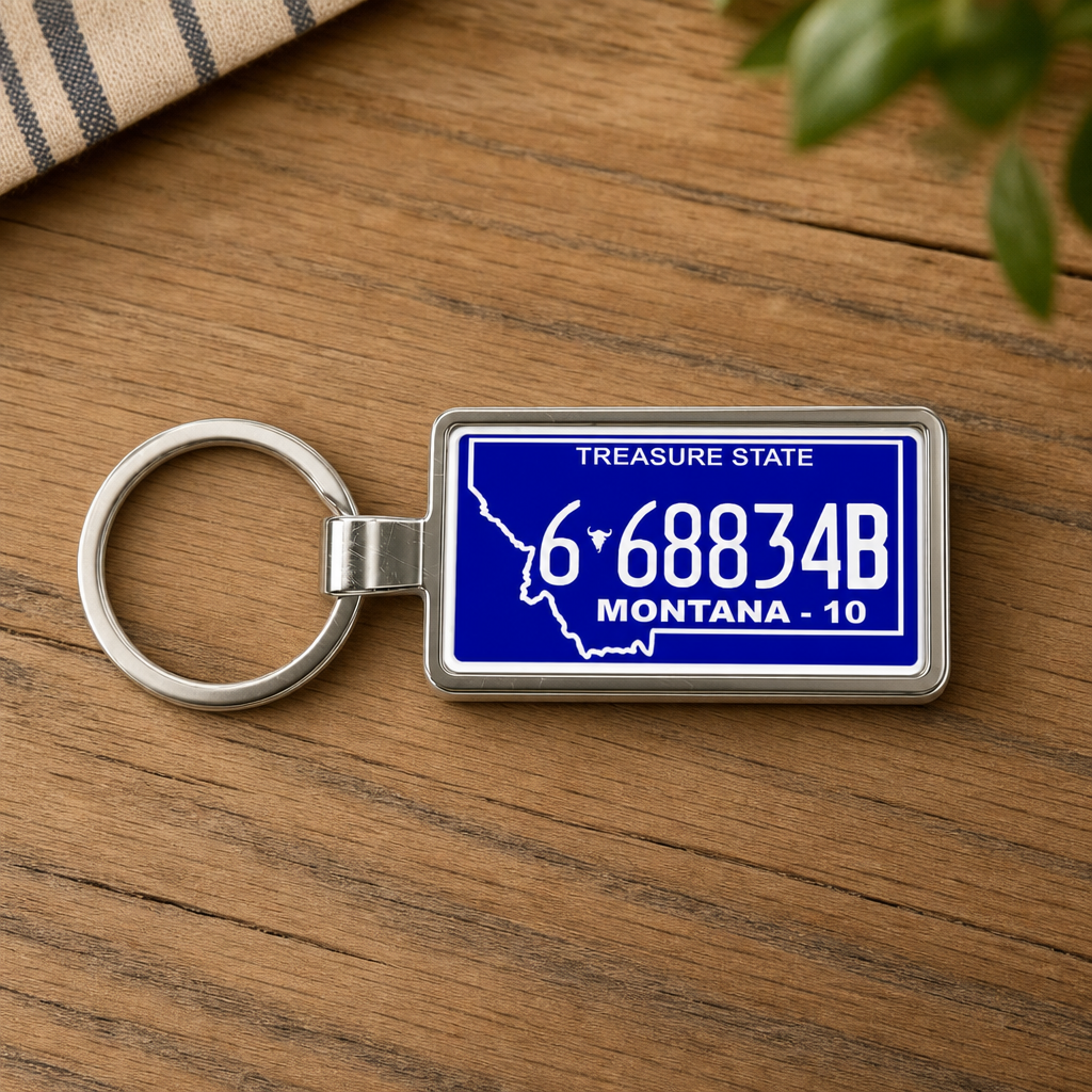 Montana 6 68834B license plate keychain on_wood