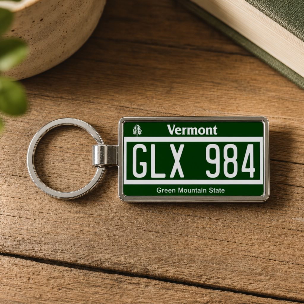Vermont license plate keychain on wood