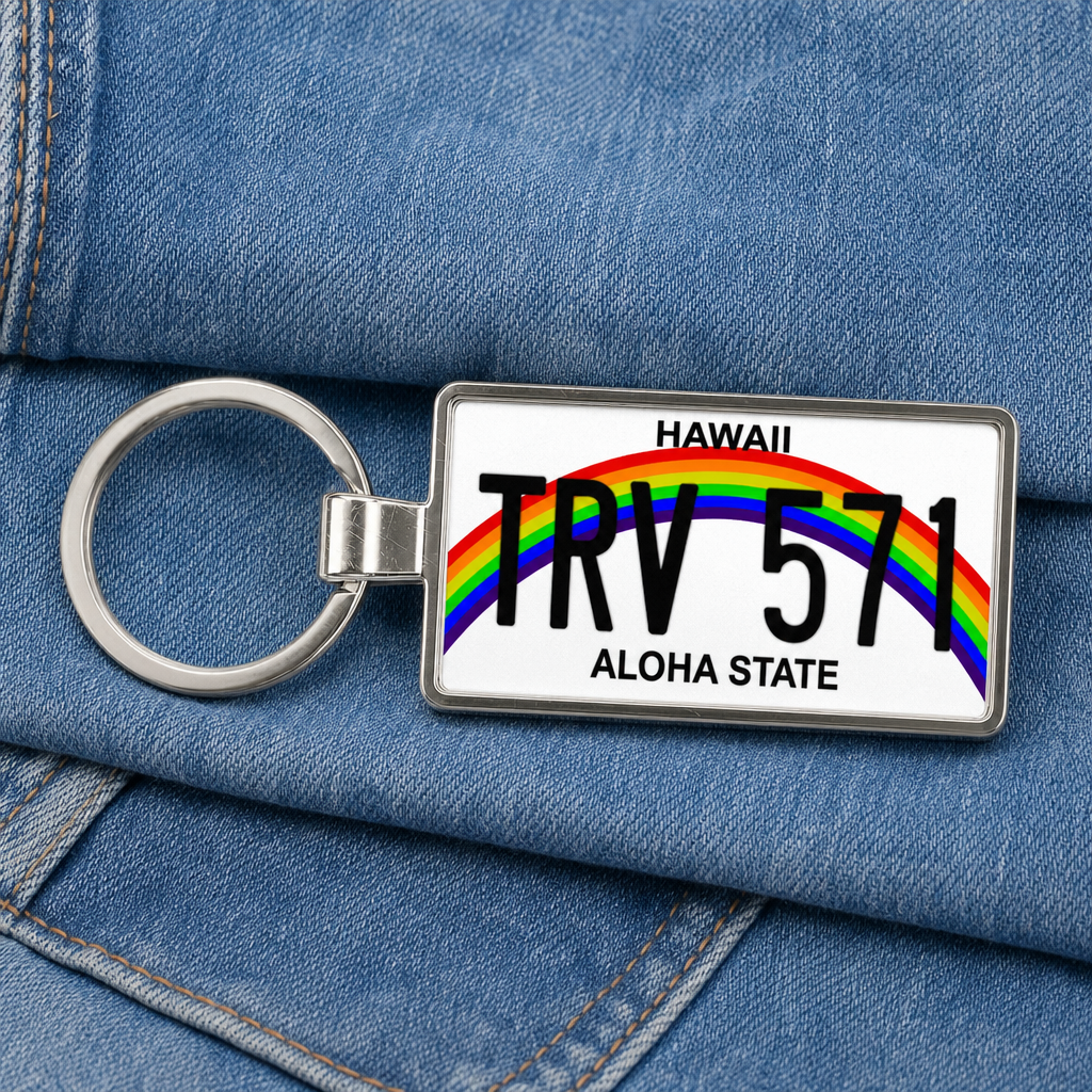 Hawaii TRV 571 license plate keychain on_denim