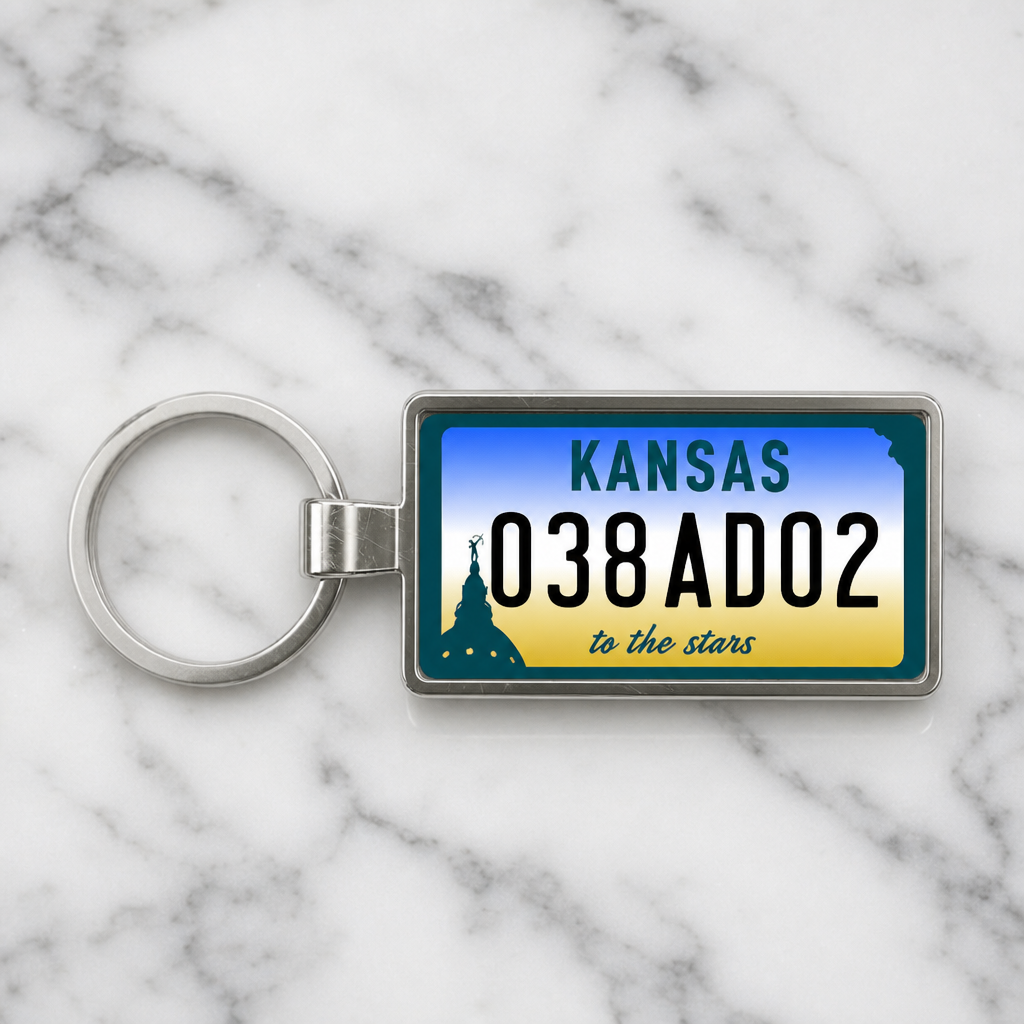 Kansas 038 AD02 license plate keychain on_marble