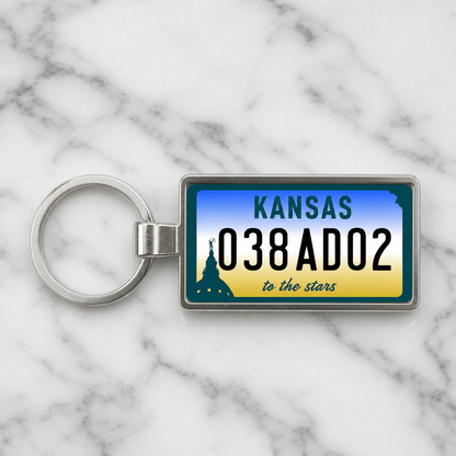Kansas 038 AD02 license plate keychain on_marble