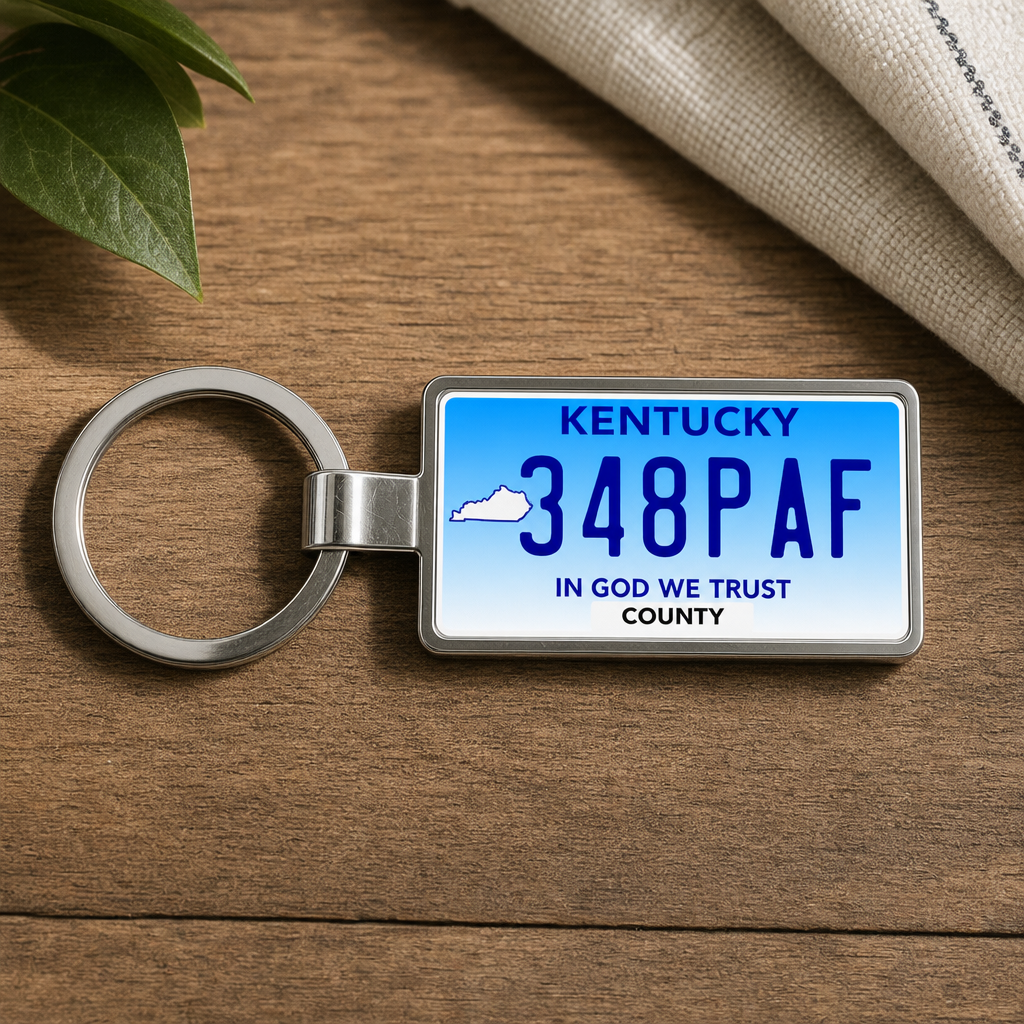 Kentucky 348 PAF license plate keychain on_wood