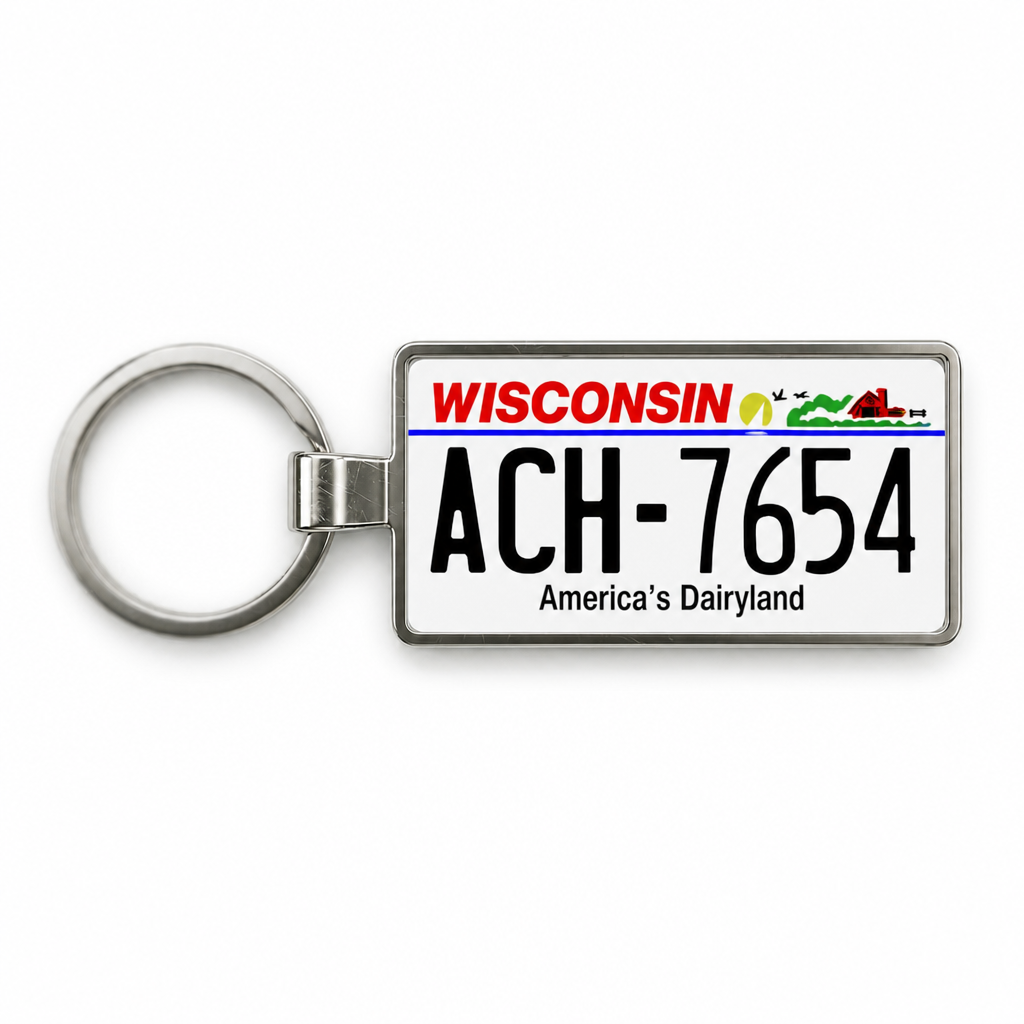 Wisconsin ACH-7654 license plate keychain on white background