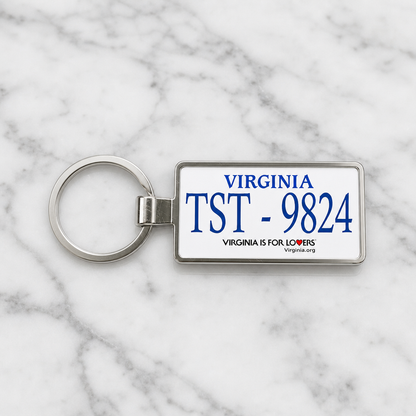 Virginia license plate keychain on marble