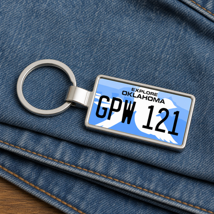 Oklahoma GPW 121 license plate keychain on_denim