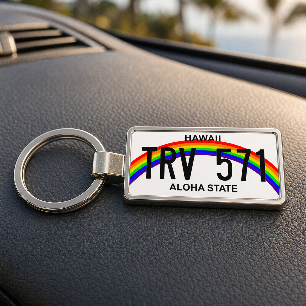 Hawaii TRV 571 license plate keychain on_dashboard