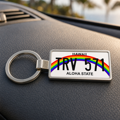 Hawaii TRV 571 license plate keychain on_dashboard
