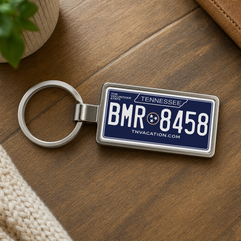 Tennessee license plate keychain on wood