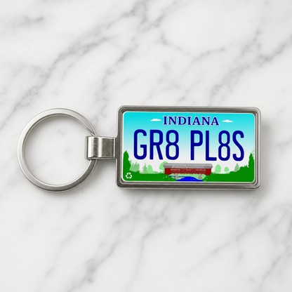 Indiana GR8 PL8S license plate keychain on_marble