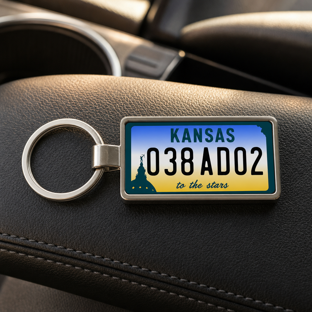 Kansas 038 AD02 license plate keychain on_dashboard