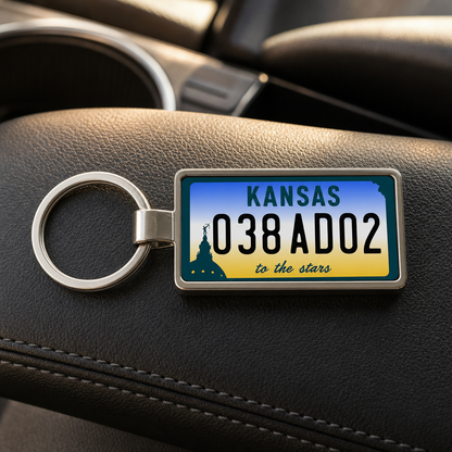 Kansas 038 AD02 license plate keychain on_dashboard