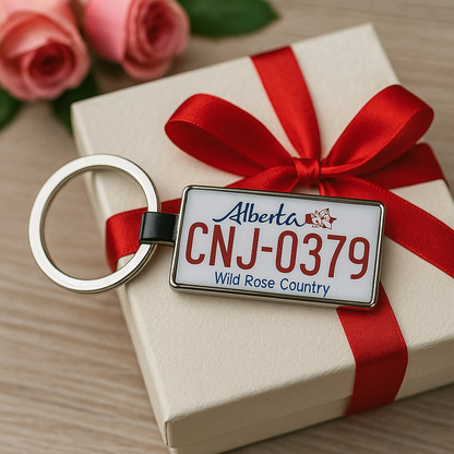 A stylish Alberta license plate keychain with the number CNJ-0379, displayed on a cream-colored gift box tied with a red satin ribbon, surrounded by pink roses. A thoughtful Canadian-themed gift for special occasions. Made by Your iDeas Shop