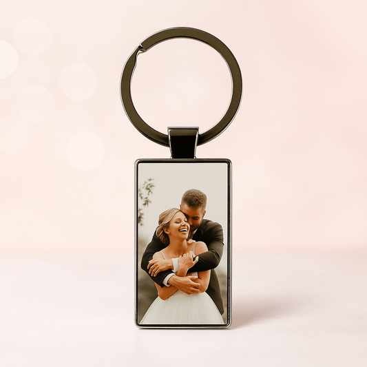 Personalized keychain with a joyful bride and groom embracing on their wedding day, perfect keepsake for newlyweds or anniversary gifts. Made by Your iDeas Shop.