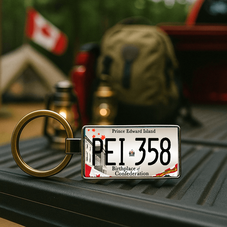 A Prince Edward Island license plate-style keychain featuring the code 'PEI 358' and the text 'Birthplace of Confederation', displayed on the bed of a red pickup truck. In the background, there's a campsite with a backpack, lanterns, a tent, and a waving Canadian flag, creating a patriotic outdoor atmosphere. Made by Your iDeas Shop.