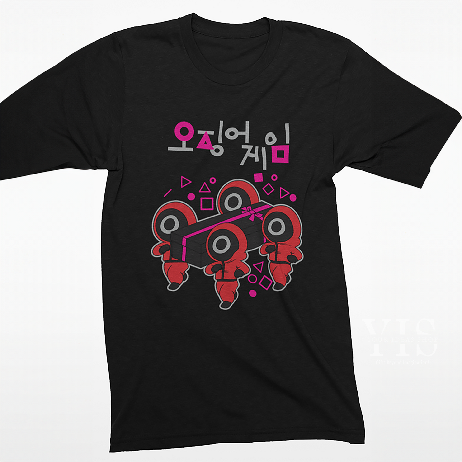 A black T-shirt displaying a vibrant design of red guards carrying a gift box. The artwork includes bold shapes and colorful accents with Korean lettering for an authentic touch. A stylish option for casual wear. Made by Your iDeas Shop