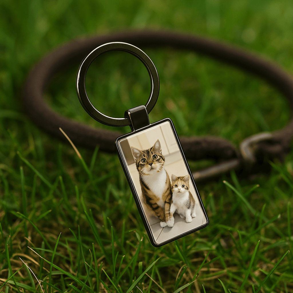 Custom keychain displaying two adorable cats sitting together on grass, ideal for cat owners wanting a unique keepsake of their furry friends. Made by Your iDeas Shop.