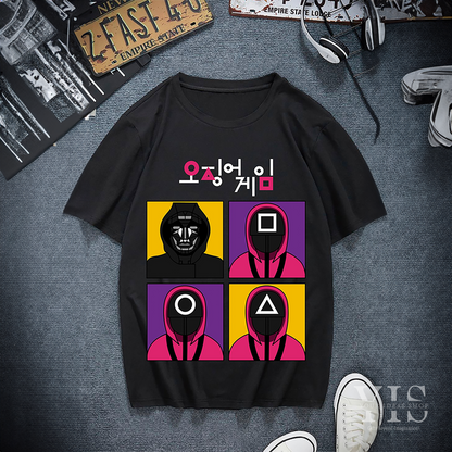 A black T-shirt featuring a vibrant graphic with four panels showing guards in pink uniforms and a masked character in black. Each panel is brightly colored in purple and yellow, topped with bold Korean text. A bold and stylish choice for pop culture fans. Made by Your iDeas Shop