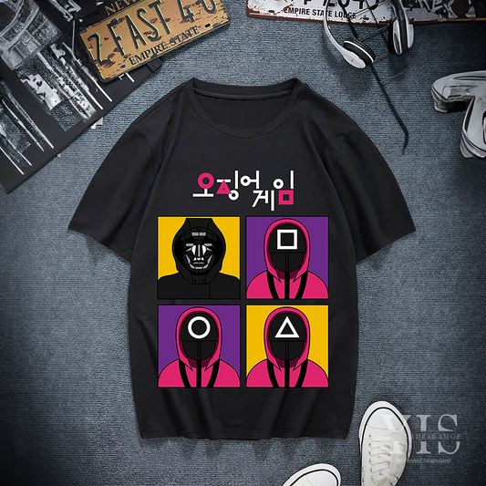 A black T-shirt featuring a vibrant graphic with four panels showing guards in pink uniforms and a masked character in black. Each panel is brightly colored in purple and yellow, topped with bold Korean text. A bold and stylish choice for pop culture fans. Made by Your iDeas Shop