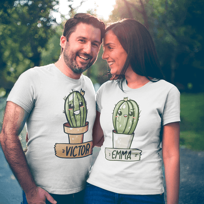 Man and woman wearing t-shirts with cartoon cacti and names 'Victor' and 'Emma'.