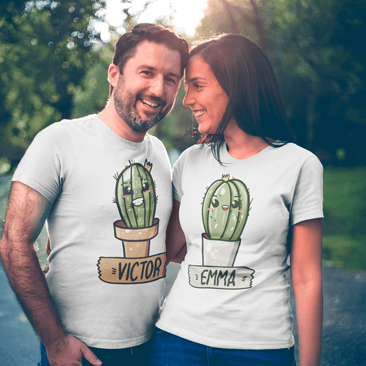 Man and woman wearing t-shirts with cartoon cacti and names 'Victor' and 'Emma'.